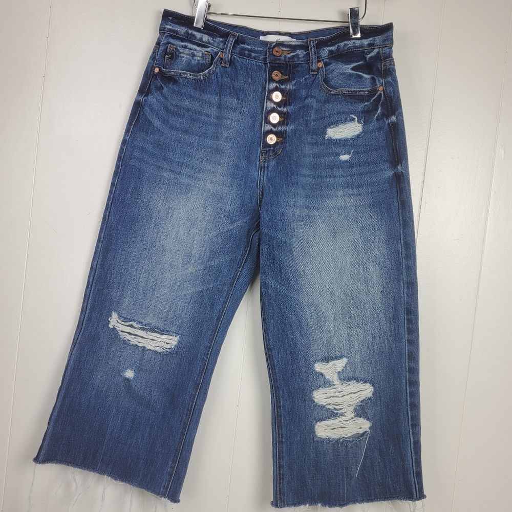 Kancan high waist button fly factory distressed raw hem cropped jeans size 11/29